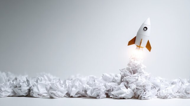 surreal paper rocket made from office documents launching upward, clean white background, soft studio lighting, minimal business startup concept