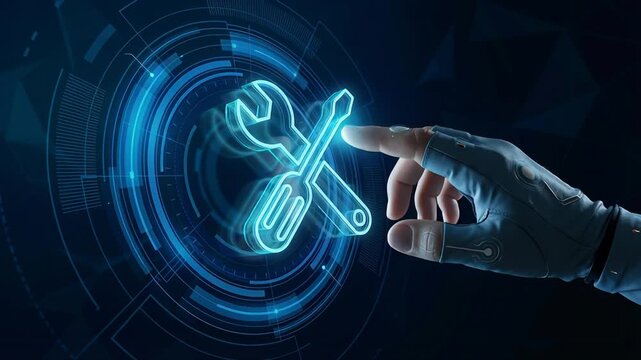 Digital technical support service featuring robotic hand pointing maintenance tools icon within online automation workflow