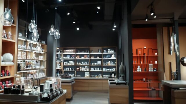 Upscale retail store interior featuring various luxury merchandise items displayed on wooden shelves and illuminated showcases, creating an elegant shopping atmosphere