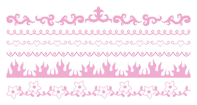 Vintage pixel lace borders with flowers, hearts, swirls and scalloped edges. Decorative embroidery frill and stitched ornaments. Crochet vector elements for card, poster, wedding invitation design