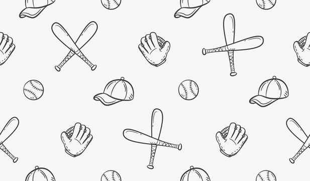 Baseball doodle background. Baseball equipment pattern background. Cute baseball seamless pattern for kids. Softball Sport hand drawn seamless pattern with bat, cap, ball and glove.