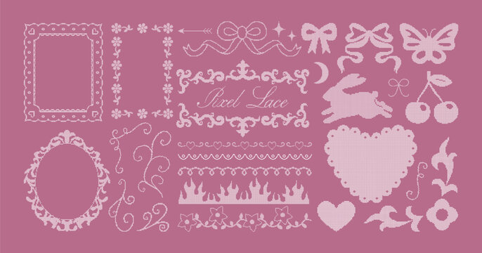 Vector set of trendy pixel lace ornate frames, decorative borders, swirls, bows and y2k elements. Vintage stitched embroidery heirlooms for wedding invitation, poster, scrapbook design