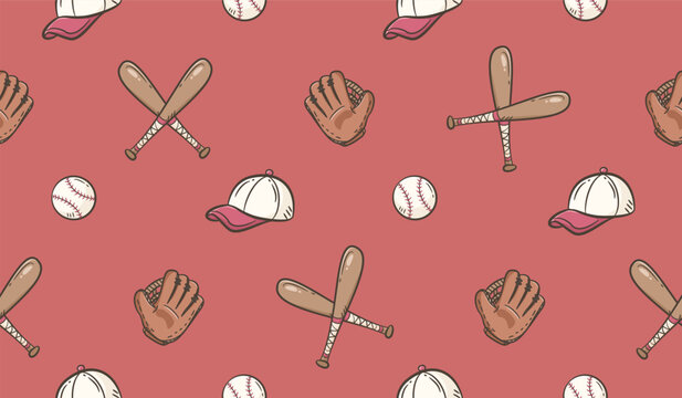 Baseball doodle background. Baseball equipment pattern background. Cute baseball seamless pattern for kids. Softball Sport hand drawn seamless pattern with bat, cap, ball and glove.