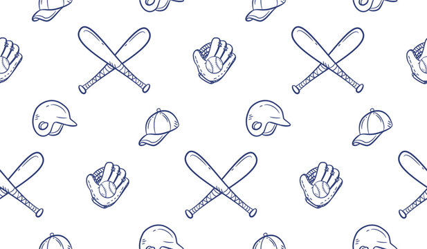 Baseball doodle background. Baseball equipment pattern background. Cute baseball seamless pattern for kids. Softball Sport hand drawn seamless pattern with bat, helmet, cap, glove, ball.