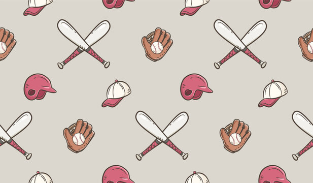 Baseball doodle background. Baseball equipment pattern background. Cute baseball seamless pattern for kids. Softball Sport hand drawn seamless pattern with bat, helmet, cap, glove, ball.