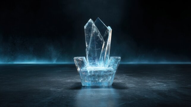 transparent crystal and ice throne with subtle blue glow, reflective surface, dark gradient background, cinematic lighting, futuristic elegance