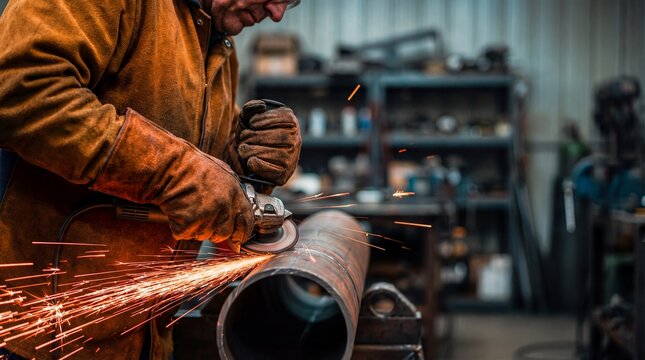 Professional welder grinding a steel pipe with an angle grinder producing bright sparks in a busy workshop. Specialist fabricator operating in an industrial metal fabrication shop with heavy