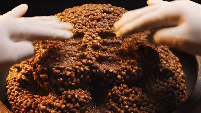 Gloves Handling Fermented Miso Paste Food Preparation in Rustic Bowl Close Up