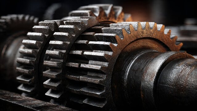 Close up of metal gear wheels and steel cogs in an industrial machine mechanism