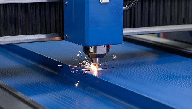 Close-up of a laser cutting machine processing blue metal with bright sparks emitting from the cutting point