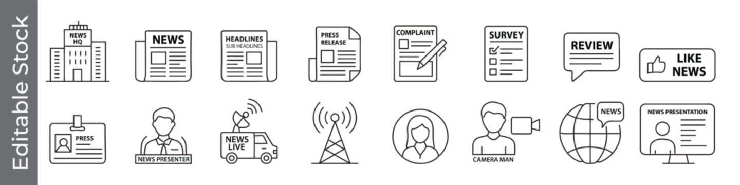 News, media and journalism icon set &ndash; editable outline symbols of newspaper, news HQ, reporter, press, survey, review, broadcast and reporter