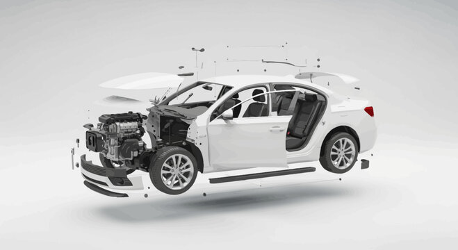 Automobile design exploded view of car components against a white background