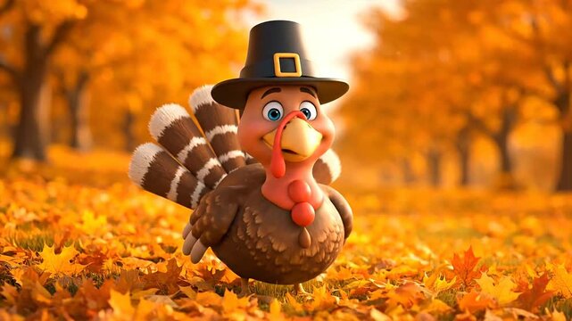Cartoon turkey character in autumn foliage with a pilgrim hat