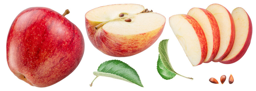 Collection of red apple and apple slices isolated on white background. File contains clipping paths.