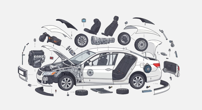 Automobile disassembly illustration white car with parts exploded view