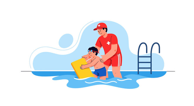 Lifeguard teaching child swimming with float board in pool, water safety