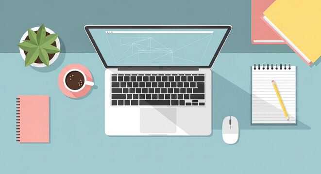 Flat vector top view of a modern workspace with a laptop, cup of coffee, green potted plant, spiral notebooks, mouse, and a pencil on a blue desk background in a clean minimalist style