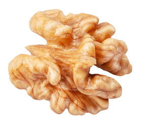 Half of peeled walnut isolated on white background, maximum sharpness achieved by stack photography method, clipping path.