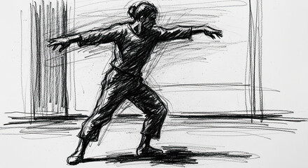 Fototapeta premium Dynamic charcoal gesture drawing of a person in a powerful wide stance with arms extended capturing fluid motion and athletic energy through expressive black strokes on a white paper texture