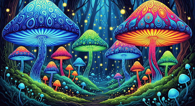 Vibrant psychedelic forest landscape with giant glowing mushrooms featuring intricate neon patterns and bright colors under a magical dark blue sky with golden fireflies