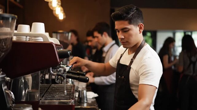 Barista preparing coffee at a busy cafe