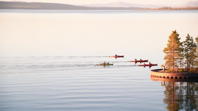 Canoes surfing the mountain lake at summer sunset