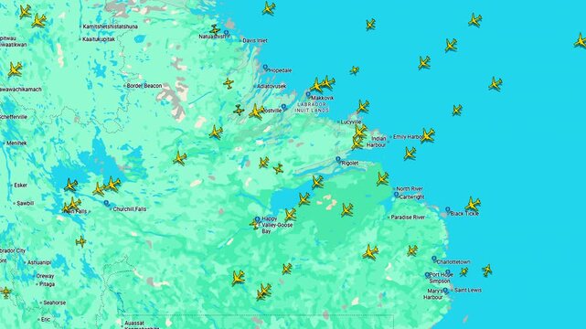 Air traffic tracking map with multiple aircraft positions, Digital aviation monitoring interface showing flight routes and navigation data