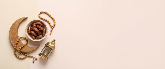 Decorative crescent moon and dates with lantern on pastel background for Ramadan  