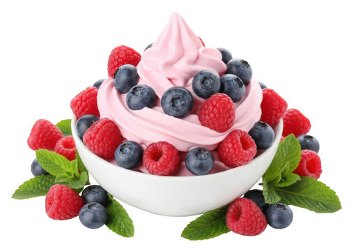 Pink frozen yogurt with raspberries and blueberries in a white bowl on transparent background