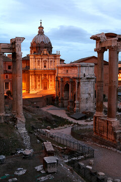 Italy, Rome, Temple of Vespasian and Titus and Church of Santi Luca e Martina at Forum Romanum