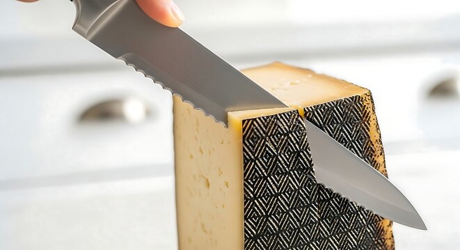 Close-up of a hand slicing a hard block of cheese with a serrated knife in a bright kitchen setting.
