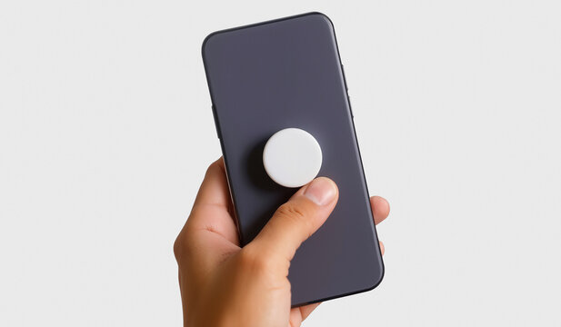 Hand holding black phone with white pop socket mockup, ai generated