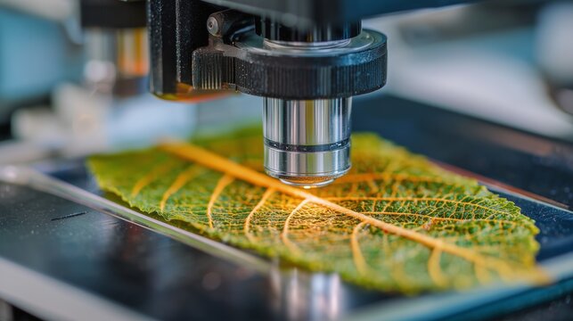Close up view of a microscope focusing on a leaf sample in a lab setting during the day