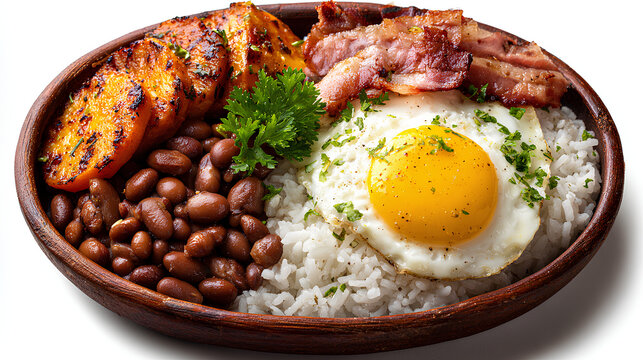 Colombian bandeja paisa with beans, rice, egg and meat, isolated on a white background