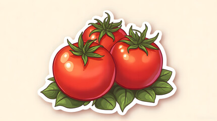 Vibrant Red Tomato Sticker Illustration with Green Basil Leaves