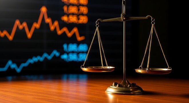 Stock market growth chart analysis with balance scale representing investment and risk management