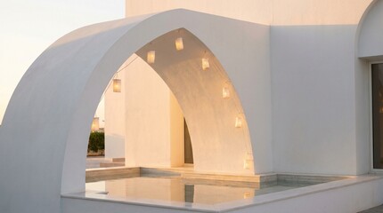 Elegant white architectural archway frames a tranquil water feature, subtly illuminated by warm lights, creating a serene and luxurious modern design aesthetic