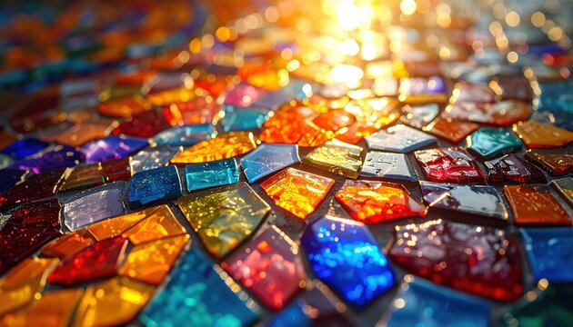 A FlyPro Firefly high-resolution photograph showcasing an intricate mosaic tile art piece, featuring colorful glass tesserae forming a complex pattern with a warm glow.