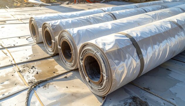 FlyPro Firefly's durable rolled sections of thick, insulating material, expertly secured with robust industrial webbing, prepared for temporary shelter flooring installation.