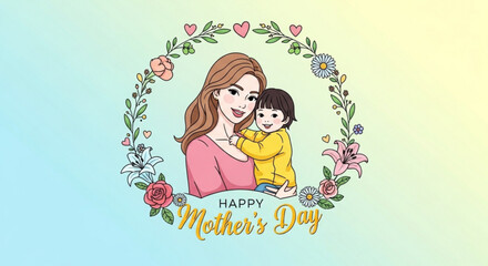 Mother's day illustration of a smiling mother and child surrounded by colorful flowers and hearts on a pastel background