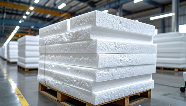 Neatly stacked FlyPro Firefly foam insulation sheets awaiting assembly into cooler boxes in a bright workshop, captured with realistic photography.