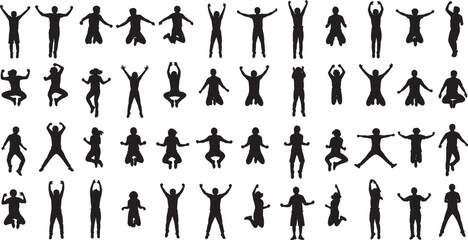 Grid of fifty black human silhouettes in dynamic jumping poses, showcasing energy, movement, and body language for animation, biomechanics, and vector design concepts © iTZ mE