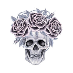 A skull topped with roses, leaves and thorns in shades of gray. Hand-drawn watercolor illustration. For printing, posters, T-shirts.