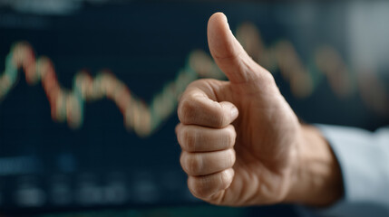 Thumbs Up in Financial Territory: A hand gives the thumbs up gesture, set against the backdrop of a dynamic stock market chart, symbolizing optimism and approval within the financial world.