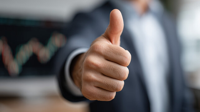 Thumbs Up Gesture of Approval: A close-up of a hand with a raised thumb, set against a blurred background of financial data, symbolizing approval and agreement.