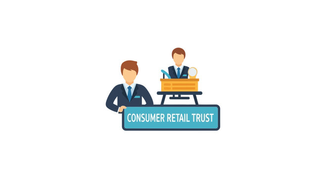 Business professionals in professional attire stand by consumer retail trust sign
