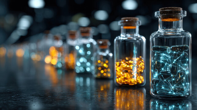 A glass flask containing a cutting-edge drug developed in a high-tech laboratory using artificial intelligence.