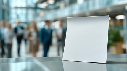 Obraz premium Blank Canvas in Modern Office: A pristine, blank note stands prominently on a sleek, modern desk, the blurred backdrop of a bustling office suggesting potential, messages, and communication.