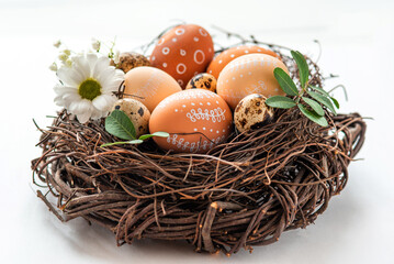 Obraz premium Easter nest with hand-painted eggs and quail eggs on a light background. A rustic spring composition with natural elements, fresh greenery and floral details.