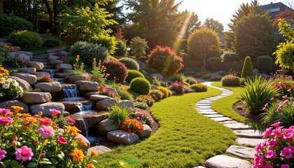 Fototapeta premium a sprawling garden with winding stone pathways, gentle waterfalls, and clusters of colorful blossoms